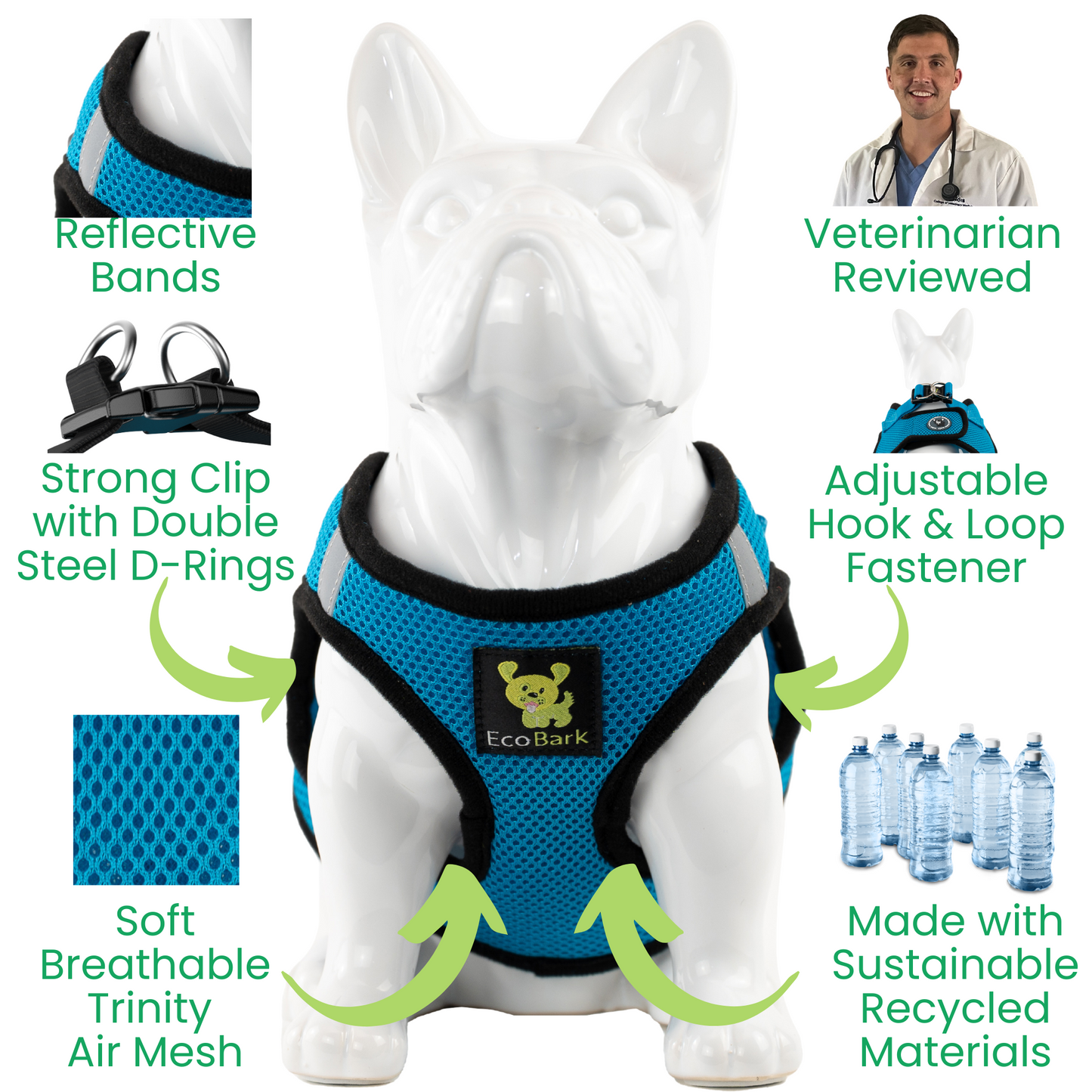 EcoBark Step In Dog Harness - XXXS to Small Breeds- Reflective Soft Mesh Harness for Teacup, Small Dogs and Puppies / Teal