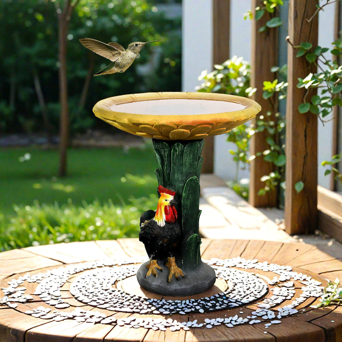 Concrete Bird Bath Garden Sunflower and Rooster 24 In