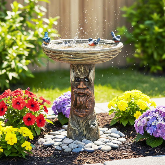 Concrete Stone Bird Bath Old Man Tree Face 23 Inch