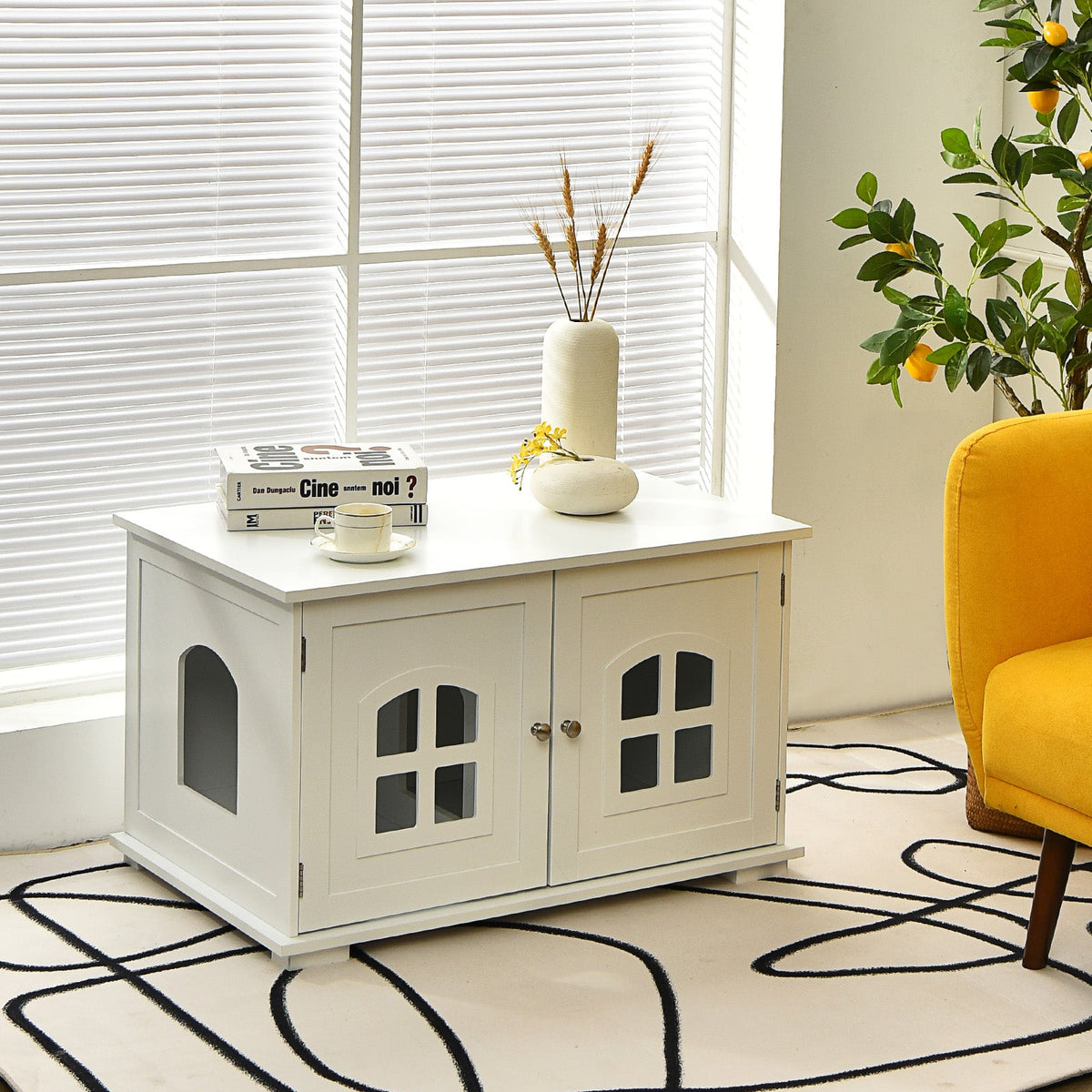 Wooden Cat Litter Box Enclosure with Divider - White