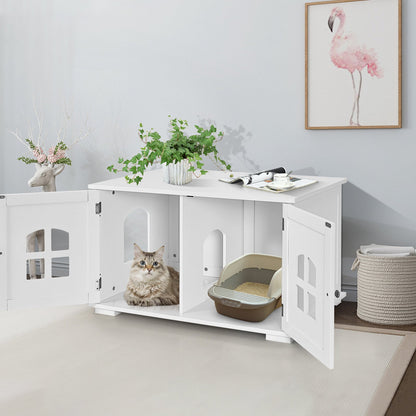 Wooden Cat Litter Box Enclosure with Divider - White