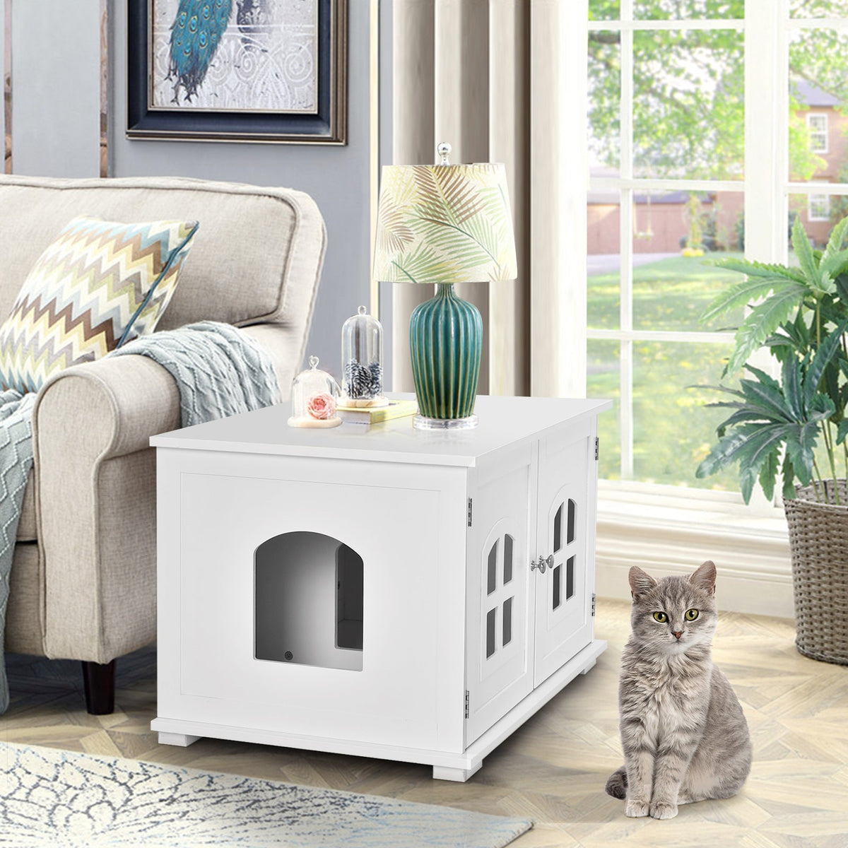 Wooden Cat Litter Box Enclosure with Divider - White