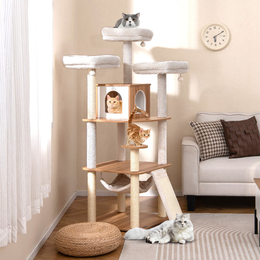 68 Inch Tall Cat Tree with 3 Padded Perches Condo and Sisal Scratching Posts-Natural