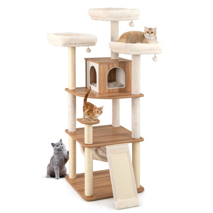 68 Inch Tall Cat Tree with 3 Padded Perches Condo and Sisal Scratching Posts-Natural