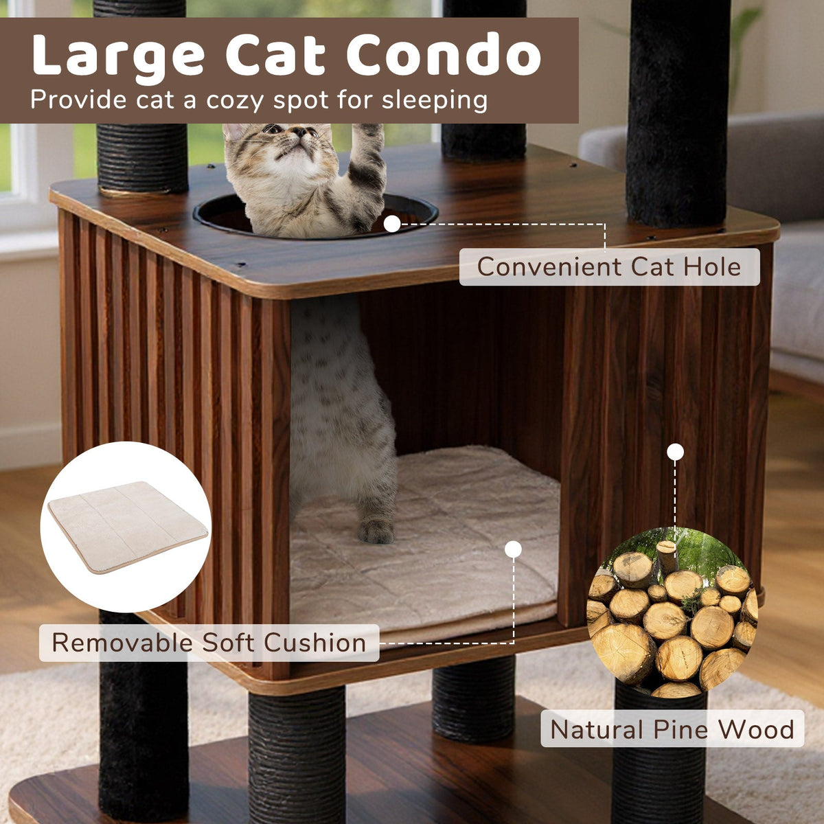 Wooden Cat Tower Top Perch with Soft Padding-Brown