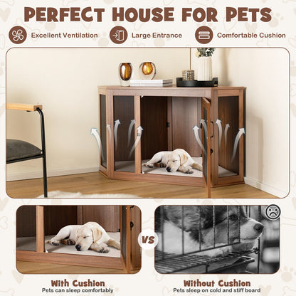 Corner Dog Kennel with Mesh Door and Cushion-Brown