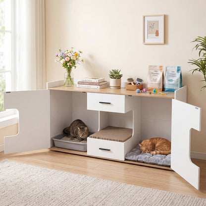 Cat House Cabinet with Litter Box Storage and Drawers