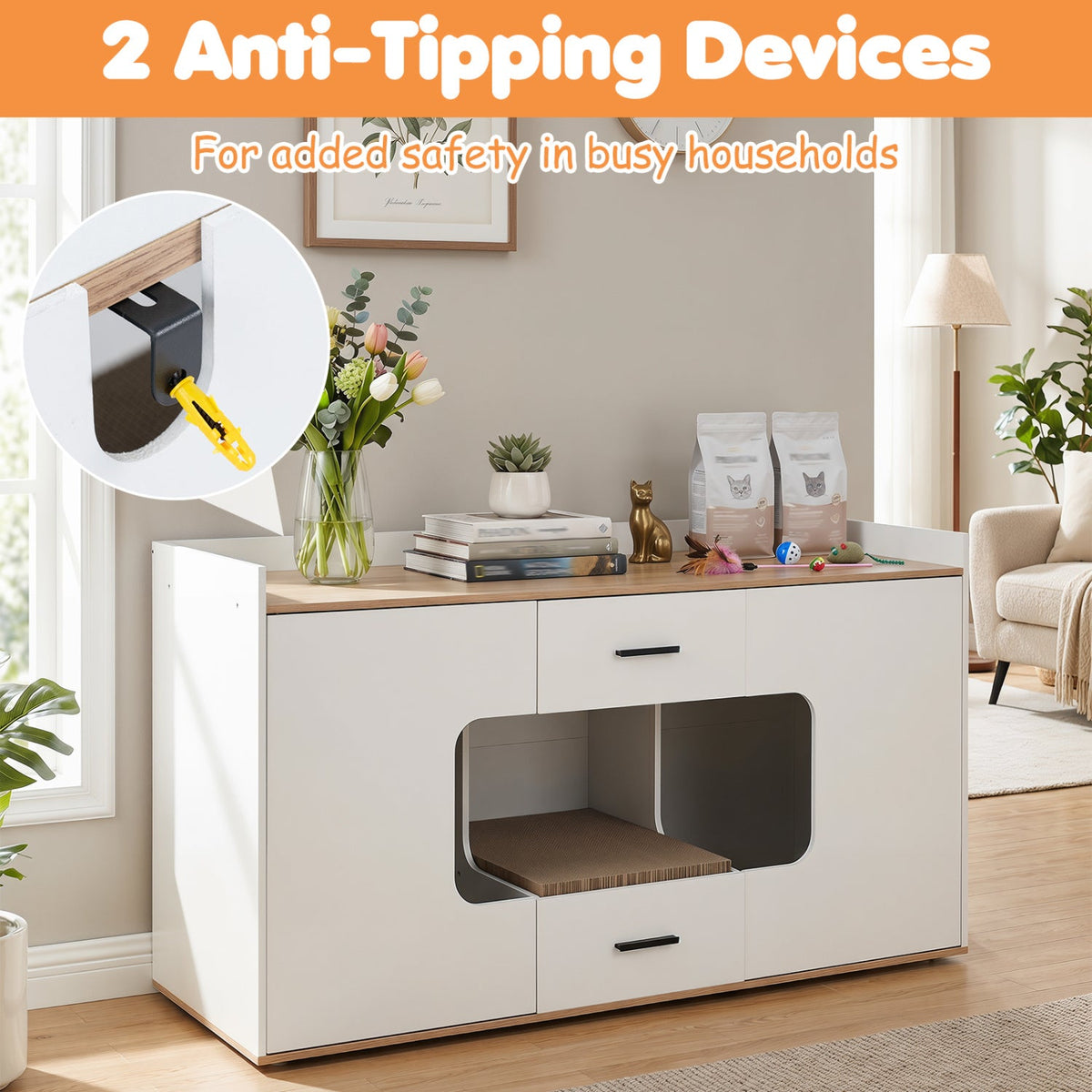 Cat House Cabinet with Litter Box Storage and Drawers
