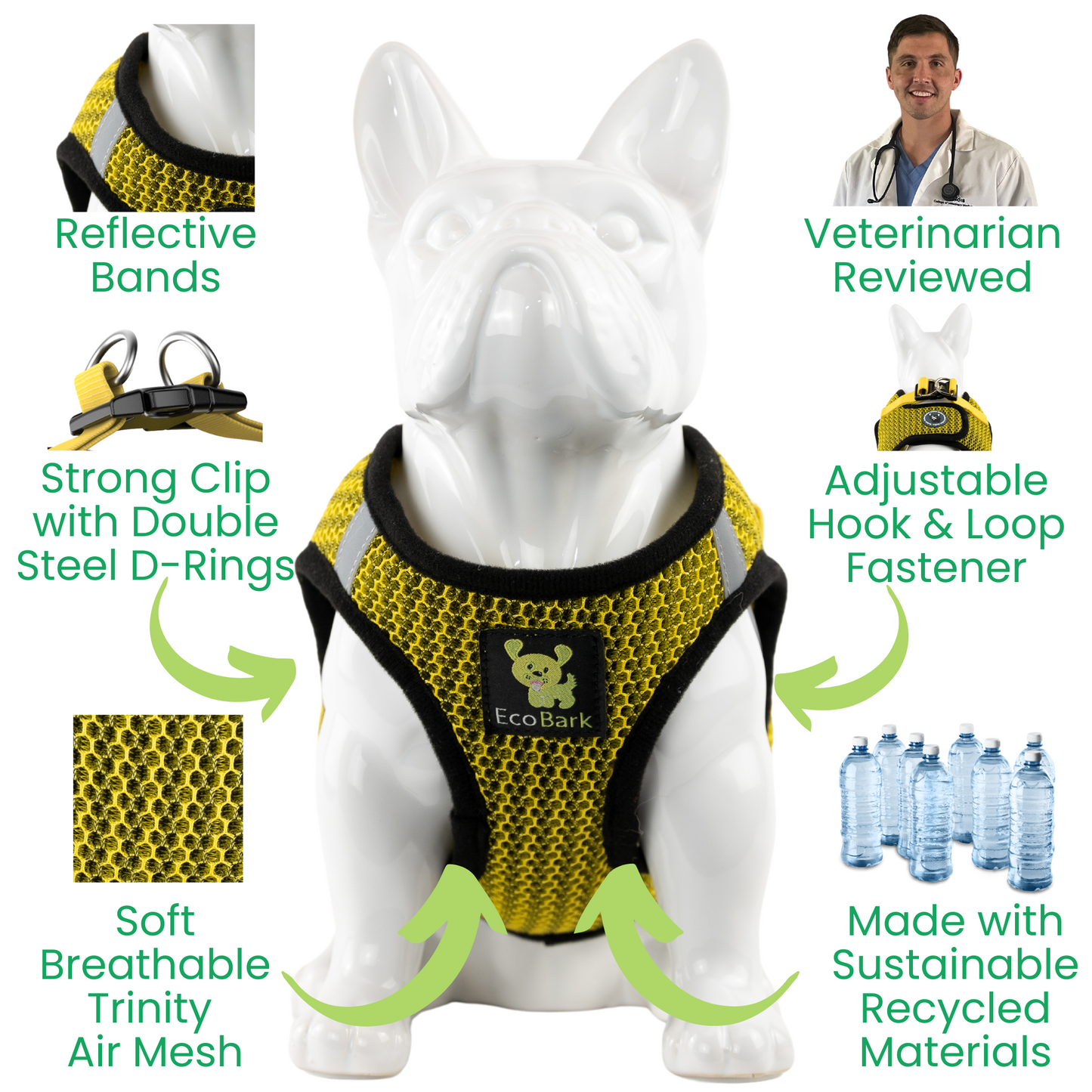 EcoBark Step In Dog Harness - XXXS to Small Breeds- Reflective Soft Mesh Harness for Teacup, Small Dogs and Puppies / Yellow Sport