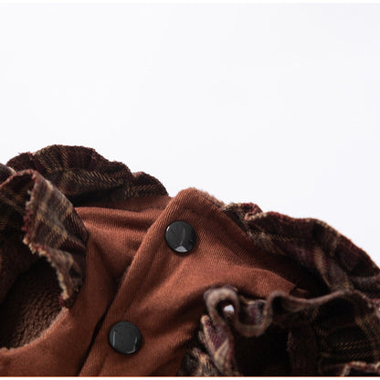 Cozy Brown Plaid Pet Sweater Dress - Fleece-Lined Dog Skirt And Cat Winter Clothes With Ruffle Trim