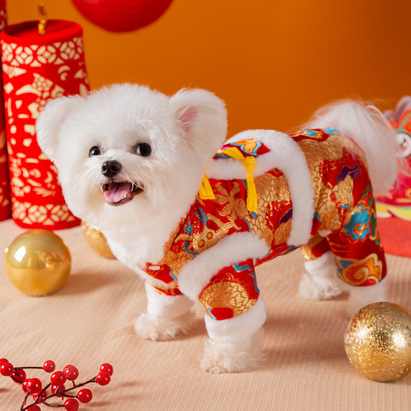 Autumn And Winter Xiangyun Jinlong Dog New Year Four-legged Cotton Coat, Tang Suit, Warm And Thick Pet New Year Dog Clothes