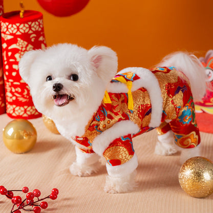 Autumn And Winter Xiangyun Jinlong Dog New Year Four-legged Cotton Coat, Tang Suit, Warm And Thick Pet New Year Dog Clothes