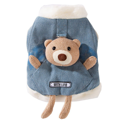 Autumn And Winter Korean-style Dog Pocket Three-dimensional Bear, Denim Towing Vest, Cat Cotton Coat, Warm Pet Dog Clothes