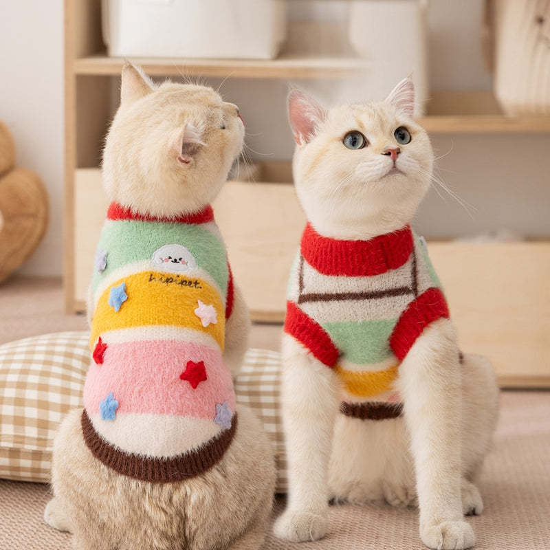 Autumn And Winter Cat Cartoon Star Striped Parent-child Sweater, Small And Medium-sized Dog Warm Parent-child Clothing, Pet Clothes