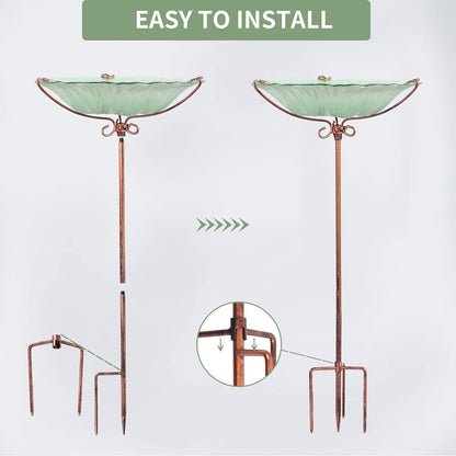 26 Inch Height Glass Birdbath Birdfeeder with Metal Stake Garden Outdoor Green