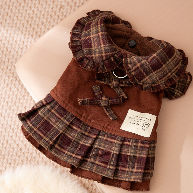 Autumn And Winter Dog Skirts With Check Patterns For Warmth, Cat Teddy Bichon Frise, High-end Custom Pet Clothing For Small And Medium-sized Dogs