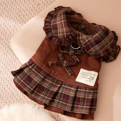 Autumn And Winter Dog Skirts With Check Patterns For Warmth, Cat Teddy Bichon Frise, High-end Custom Pet Clothing For Small And Medium-sized Dogs