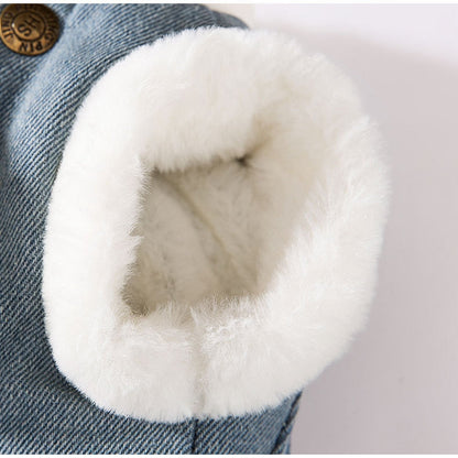 Autumn And Winter Korean-style Dog Pocket Three-dimensional Bear, Denim Towing Vest, Cat Cotton Coat, Warm Pet Dog Clothes