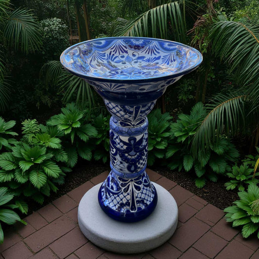 Blue & White Talavera Bird Bath | Mexican Garden Art