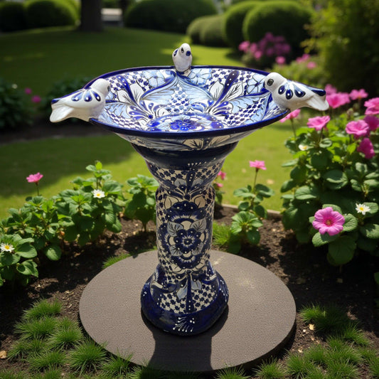 Blue & White Talavera Bird Bath with Rim Birds | Mexican Garden Art