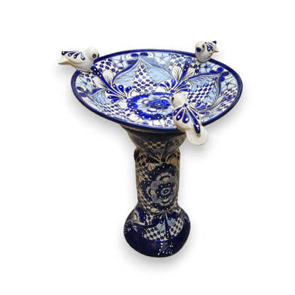 Blue & White Talavera Frog Fountain with Rim Birds | Mexican Garden