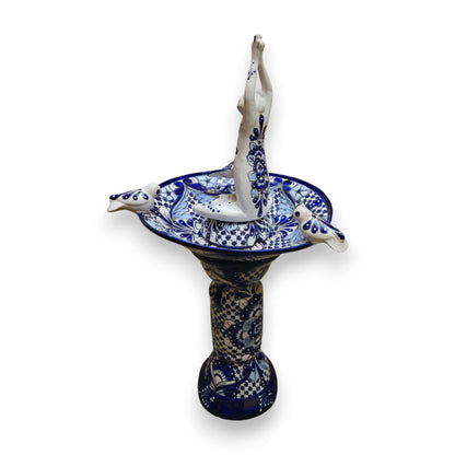 Blue & White Talavera Frog Fountain with Rim Birds | Mexican Garden