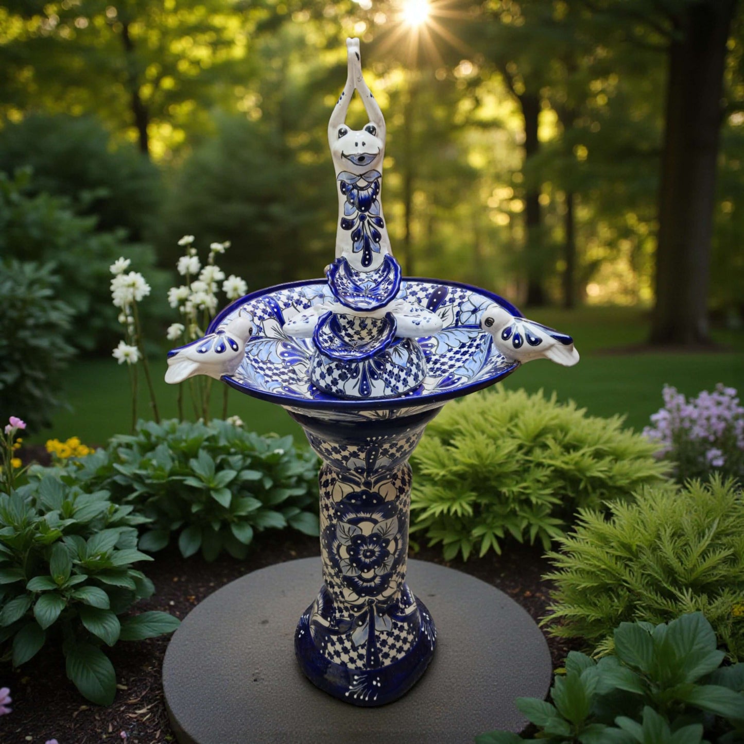 Blue & White Talavera Frog Fountain with Rim Birds | Mexican Garden
