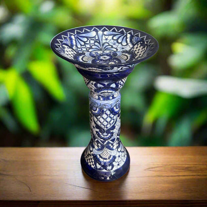 Blue & White Talavera Bird Bath | Mexican Garden Art