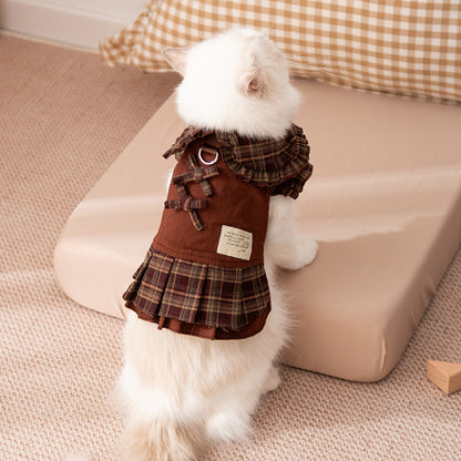 Autumn And Winter Dog Skirts With Check Patterns For Warmth, Cat Teddy Bichon Frise, High-end Custom Pet Clothing For Small And Medium-sized Dogs