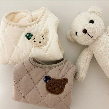 Cute Bear Patch Quilted Pet Vest, Warm Padded Dog Gilet For Small Dogs With Retro Style
