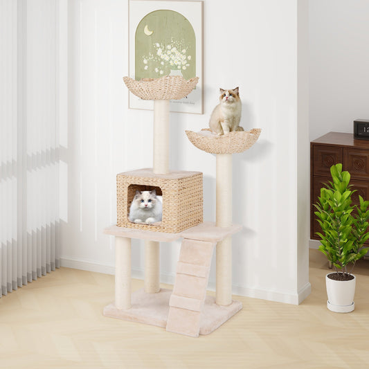 48 Inch Cattail Cat Tower with Sisal Scratching Posts Perch and Condo-Beige