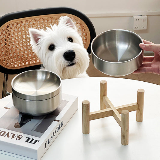 Stainless Steel Cat Bowl On A Raised Wooden Stand To Prevent Tipping