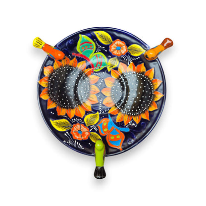 Cobalt Talavera Bird Bath | Hand-Painted Sunflower Art