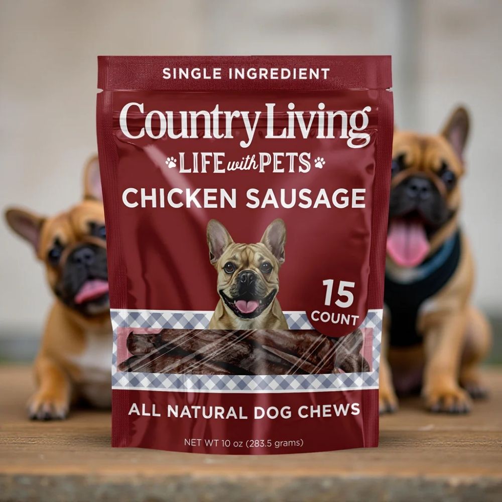 Country Living 4”-5” Beef Flavored Chicken Sausage Dog Treats – 15 Count Bag – Soft & Chewy, High-Protein Training & Reward Treats – Grain-Free, No Artificial Flavors or Preservatives