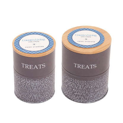 Country Living Dog Treat Canisters - Set of 2 Carbon Steel Jars with Bamboo Lids – Volcanic Gray