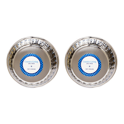 Country Living Set of 2 Hammered Stainless Steel Dog Bowls – Ideal for Extra Large Breeds – Rose Quartz/64oz
