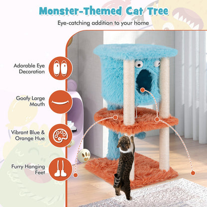 Cute Monster-Themed Cat Tower with Private Condo and Soft Long Plush-Blue