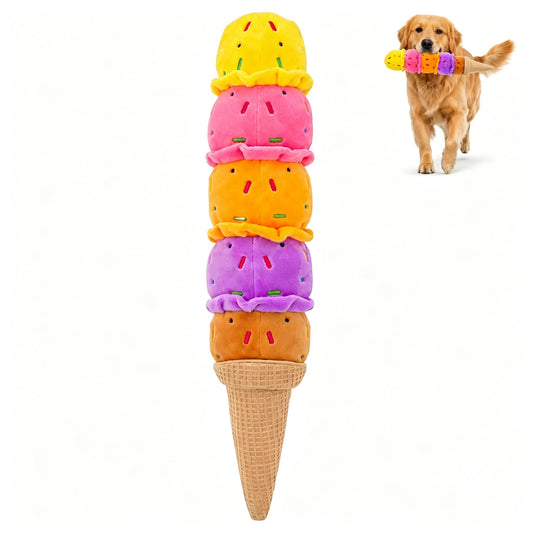 Squeaky Dog Plush Chew Toy, Interactive Tug Squeaky Toy For Chewers, Medium & Large Dogs & Fetch Play, 17.7 In Stuffed Rainbow Ice Cream Toy With Soft Short Plush For Gentle Gum Care & Boredom Relief