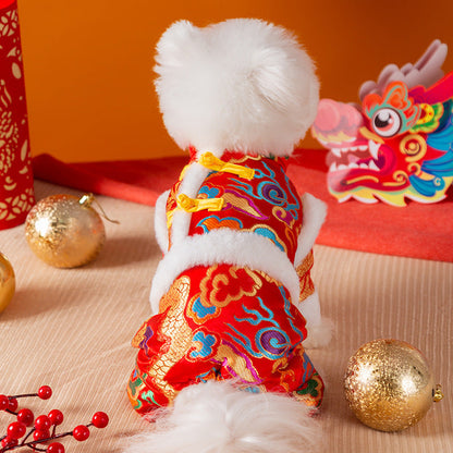 Autumn And Winter Xiangyun Jinlong Dog New Year Four-legged Cotton Coat, Tang Suit, Warm And Thick Pet New Year Dog Clothes