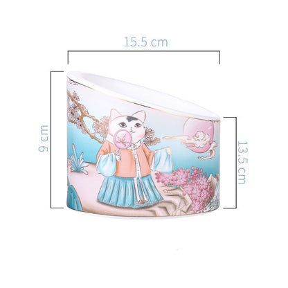 Chinese Style Ceramic Cat Bowl High Leg Double Bowl Oblique Mouth