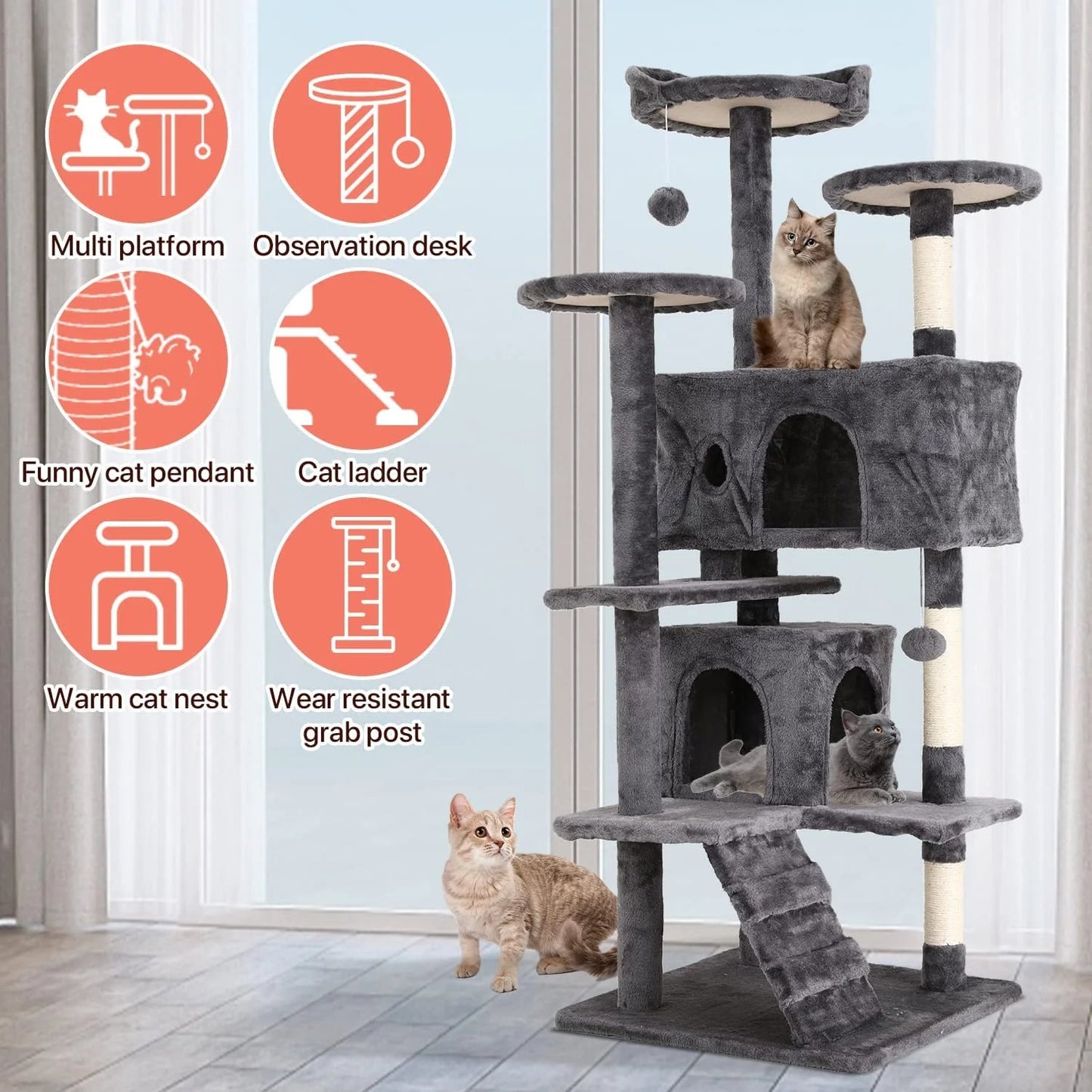 Ultimate 54-Inch Double Condo Cat Tree Tower with Scratching Post & Cozy Perch for Indoor Cats - Stylish Ashy Design