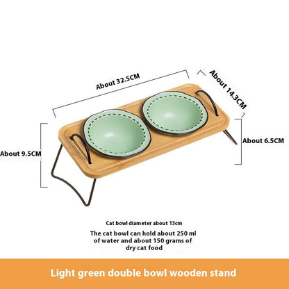 Pet Wooden Rack Multi-functional Ceramic Cat Bowl Anti-tumble Water Feeding Oblique Mouth Easy To Clean