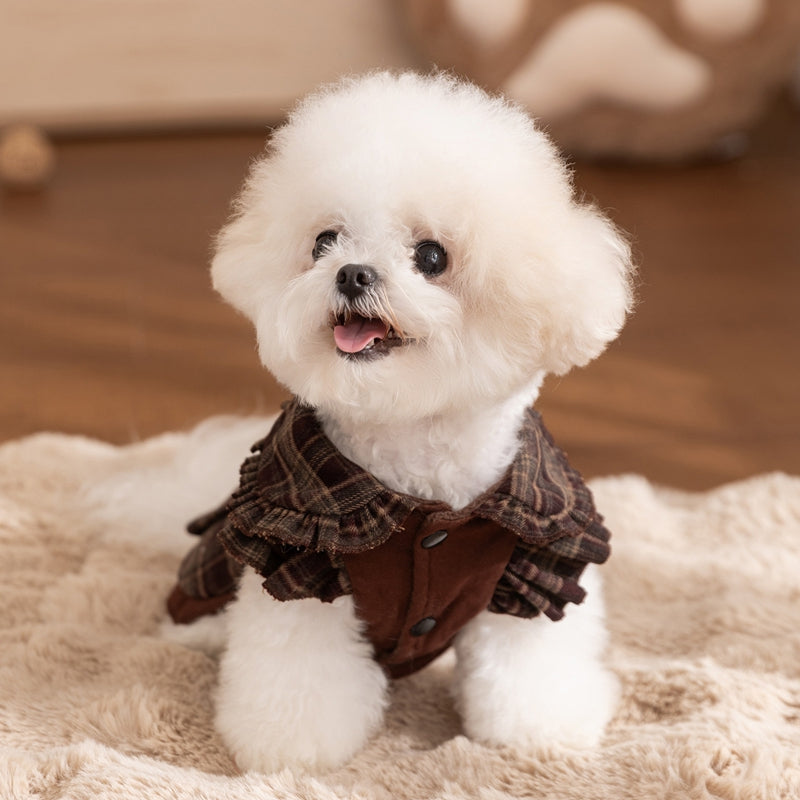 Cozy Brown Plaid Pet Sweater Dress - Fleece-Lined Dog Skirt And Cat Winter Clothes With Ruffle Trim