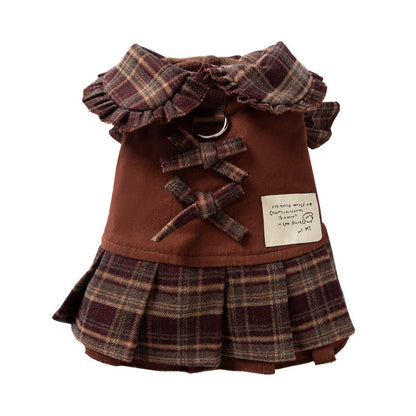 Cozy Brown Plaid Pet Sweater Dress - Fleece-Lined Dog Skirt And Cat Winter Clothes With Ruffle Trim