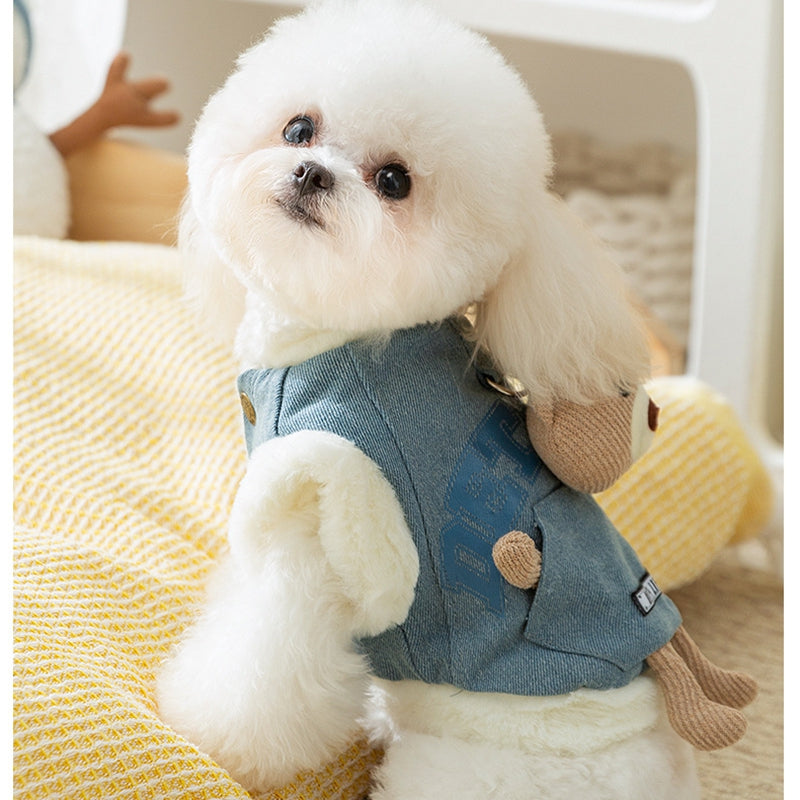 Autumn And Winter Korean-style Dog Pocket Three-dimensional Bear, Denim Towing Vest, Cat Cotton Coat, Warm Pet Dog Clothes