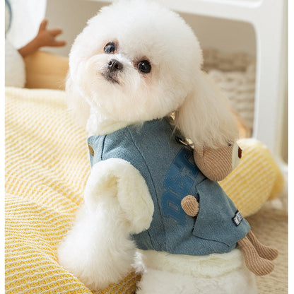 Autumn And Winter Korean-style Dog Pocket Three-dimensional Bear, Denim Towing Vest, Cat Cotton Coat, Warm Pet Dog Clothes