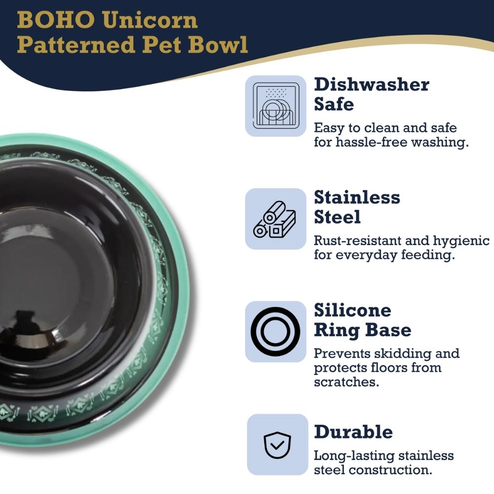 Non-Skid Boho Stainless Steel Dog Bowl – with Whimsical Unicorn Design, Silicone Base for Medium Dogs – 24oz