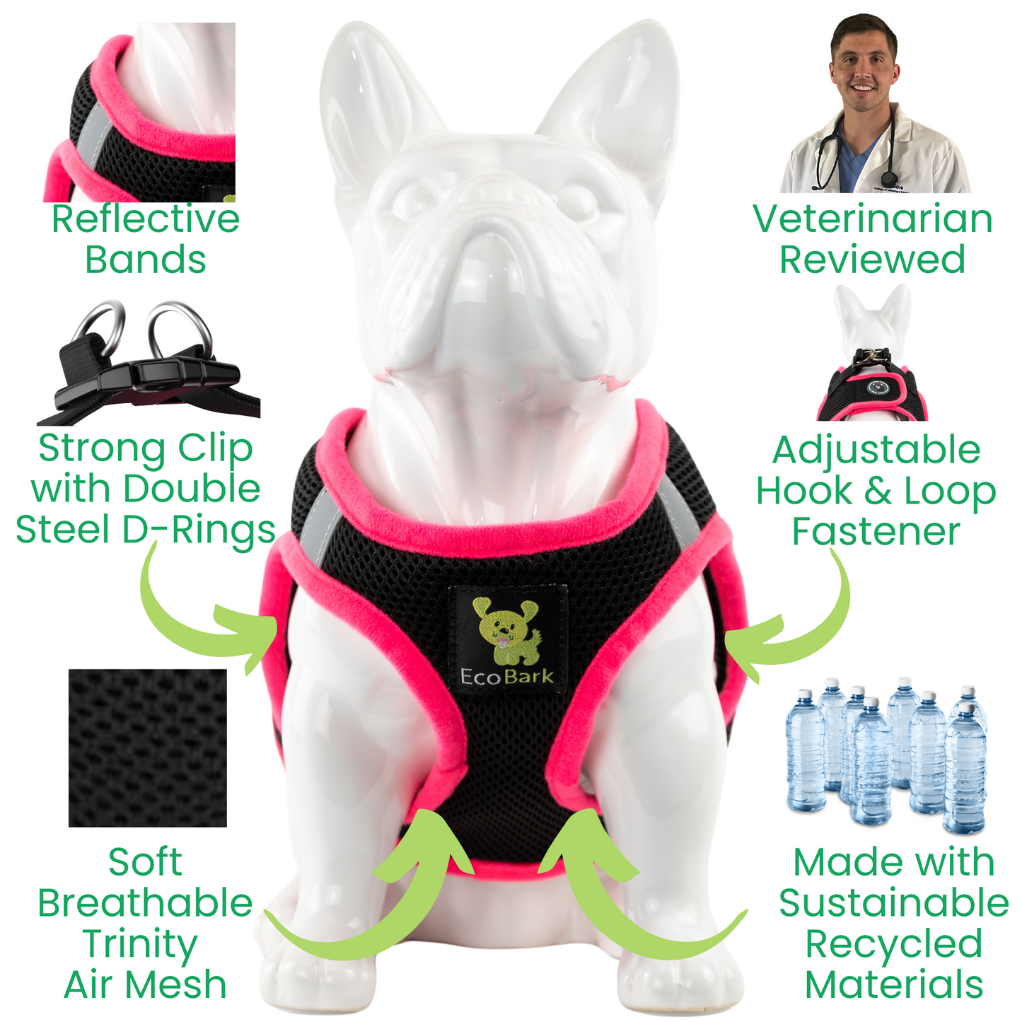 EcoBark Step In Dog Harness - XXXS to Small Breeds- Reflective Soft Mesh Harness for Teacup, Small Dogs and Puppies / Black w/ Pink Piping