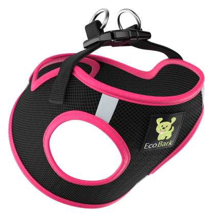EcoBark Step In Dog Harness - XXXS to Small Breeds- Reflective Soft Mesh Harness for Teacup, Small Dogs and Puppies / Black w/ Pink Piping