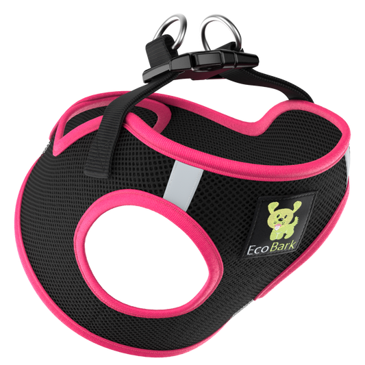 EcoBark Step In Dog Harness - XXXS to Small Breeds- Reflective Soft Mesh Harness for Teacup, Small Dogs and Puppies / Black w/ Pink Piping